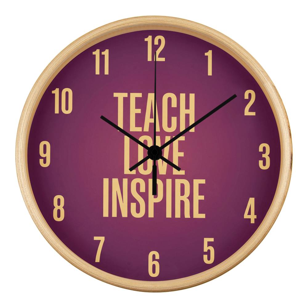 Teacher Wooden Clock – "Teach Love Inspire" Bold Gold Wall Clock