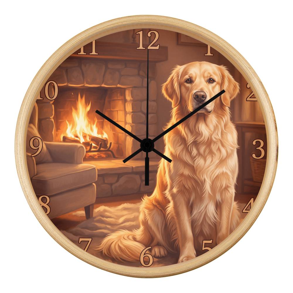 Golden Retriever Wooden Clock – "Cozy Fireside" Wall Clock
