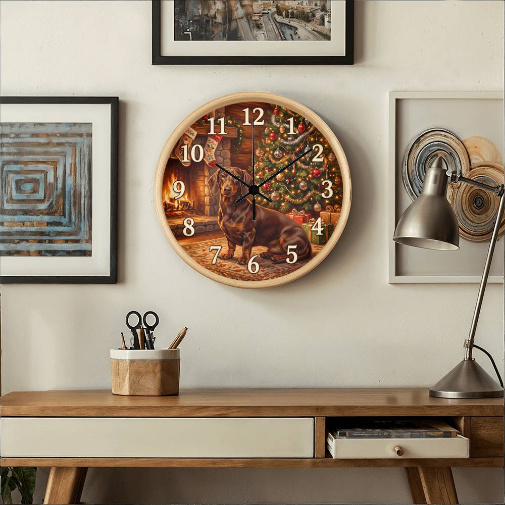 Dachshund Wooden Clock – "Warm Christmas Fireside" Wall Clock