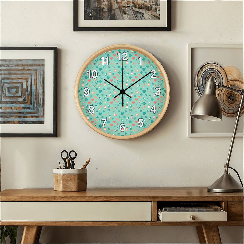 Nurse Wooden Clock – Medical Icons Pattern Wall Clock