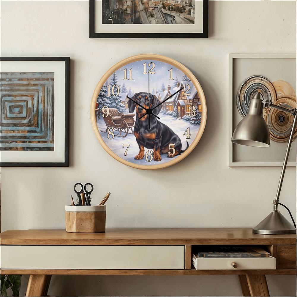 Dachshund Wooden Clock – "Snowy Village" Black & Tan Wall Clock