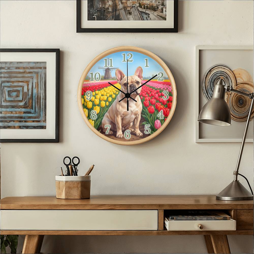 French Bulldog Wooden Clock – "Tulip Field" Wall Clock