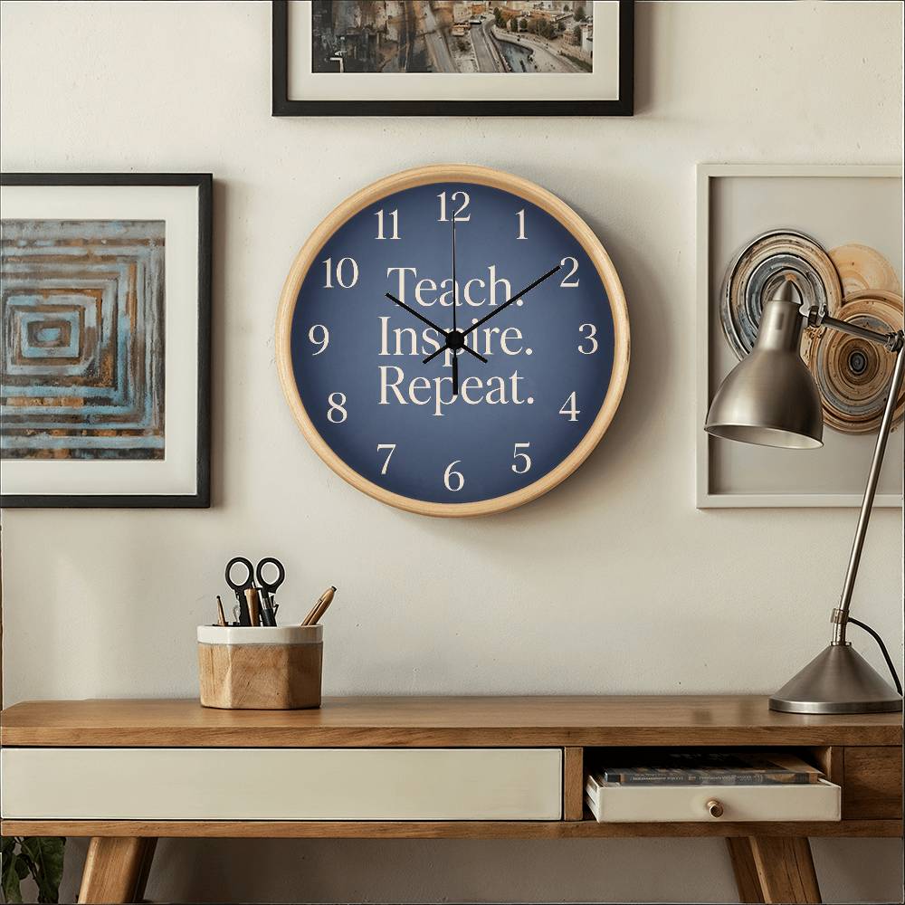 Teacher Wooden Clock – "Teach. Inspire. Repeat." Navy Wall Clock