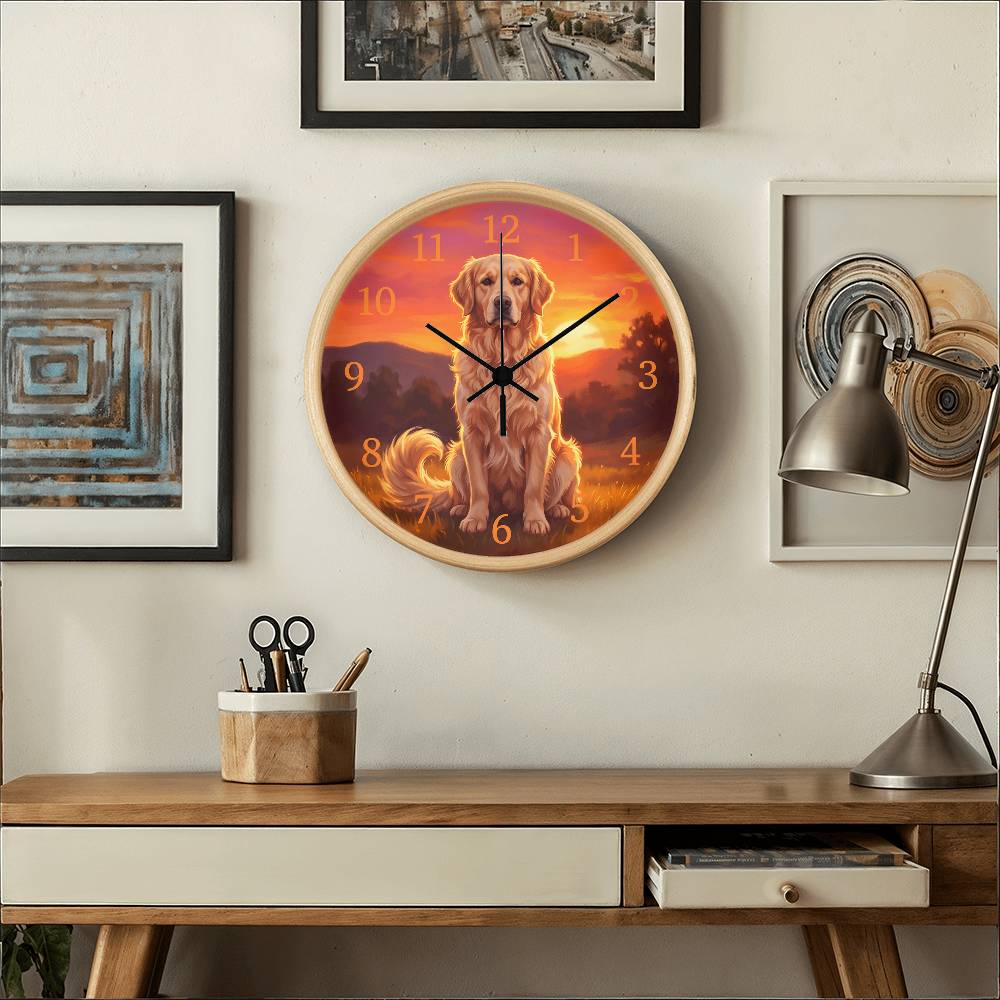 Golden Retriever Wooden Clock – "Sunset Meadow" Wall Clock