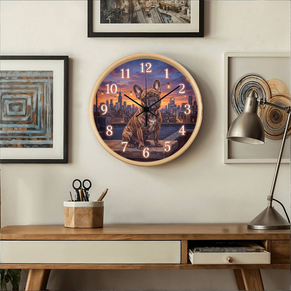 French Bulldog Wooden Clock – "City Rooftop" Wall Clock