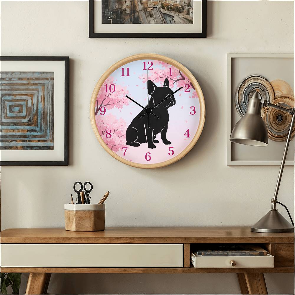 French Bulldog Wooden Clock – "Cherry Blossom" Silhouette Wall Clock