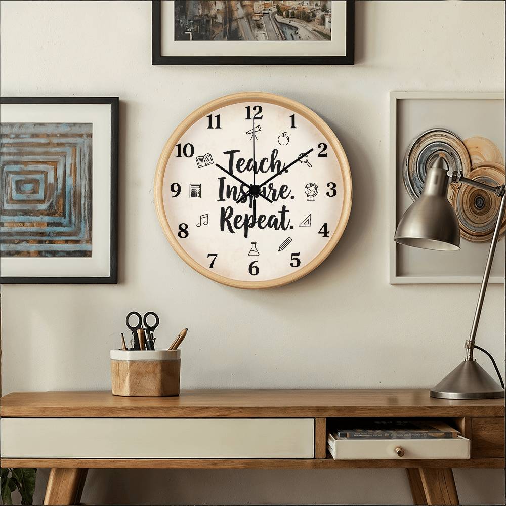 Teacher Wooden Clock – "Teach. Inspire. Repeat." Icons Wall Clock