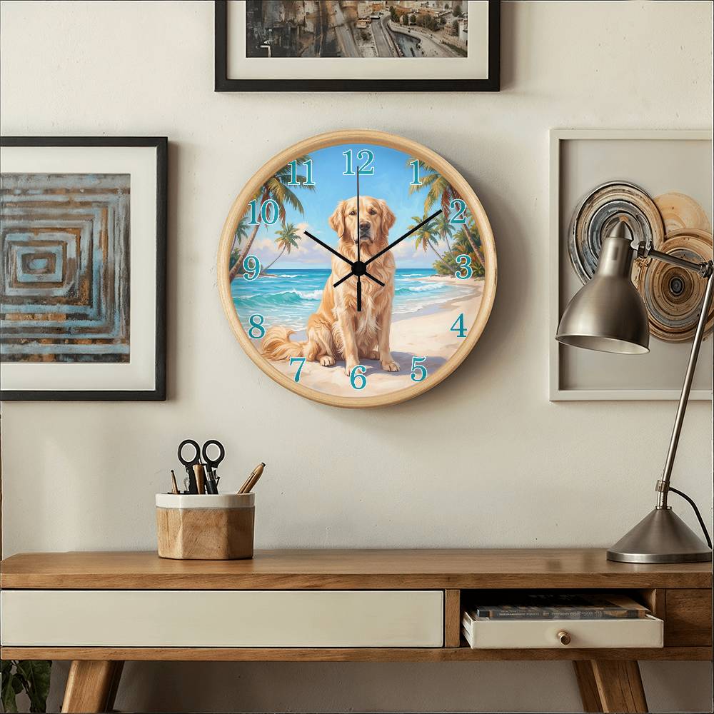Golden Retriever Wooden Clock – "Tropical Beach" Wall Clock