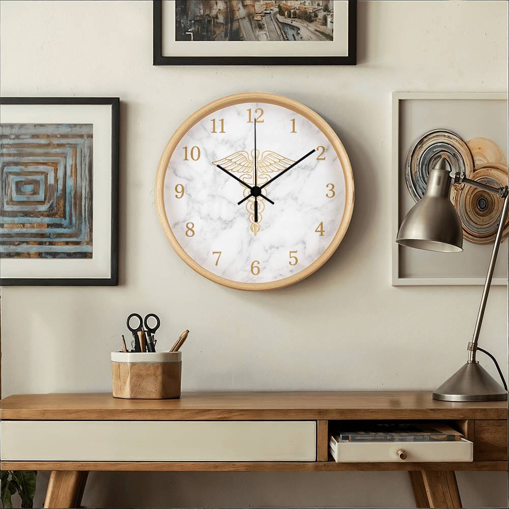 Nurse Wooden Clock – Gold Caduceus Marble Wall Clock