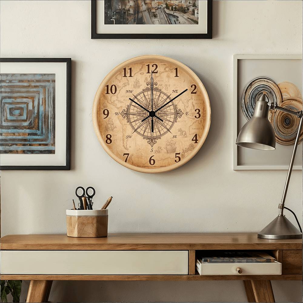 Teacher Wooden Clock – Vintage Compass Map Wall Clock