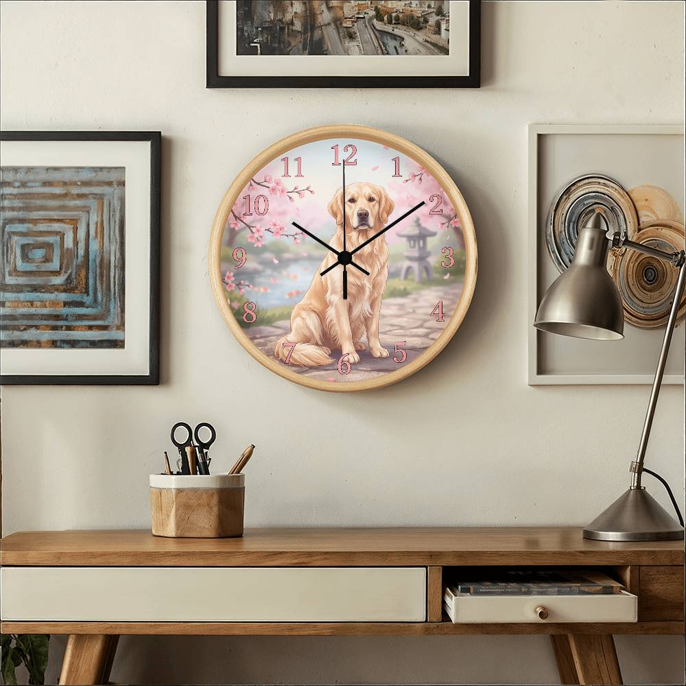 Golden Retriever Wooden Clock – "Cherry Blossom Garden" Wall Clock