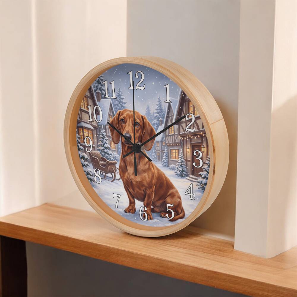 Dachshund Wooden Clock – "Snowy Village" Red Wall Clock