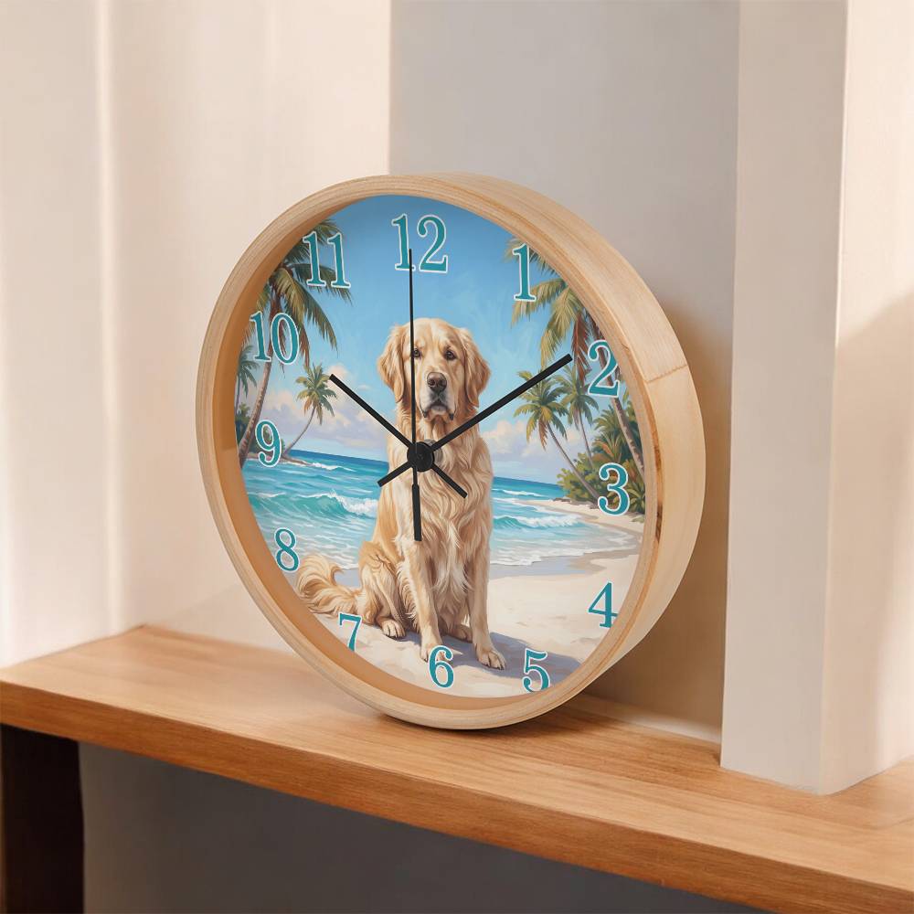 Golden Retriever Wooden Clock – "Tropical Beach" Wall Clock