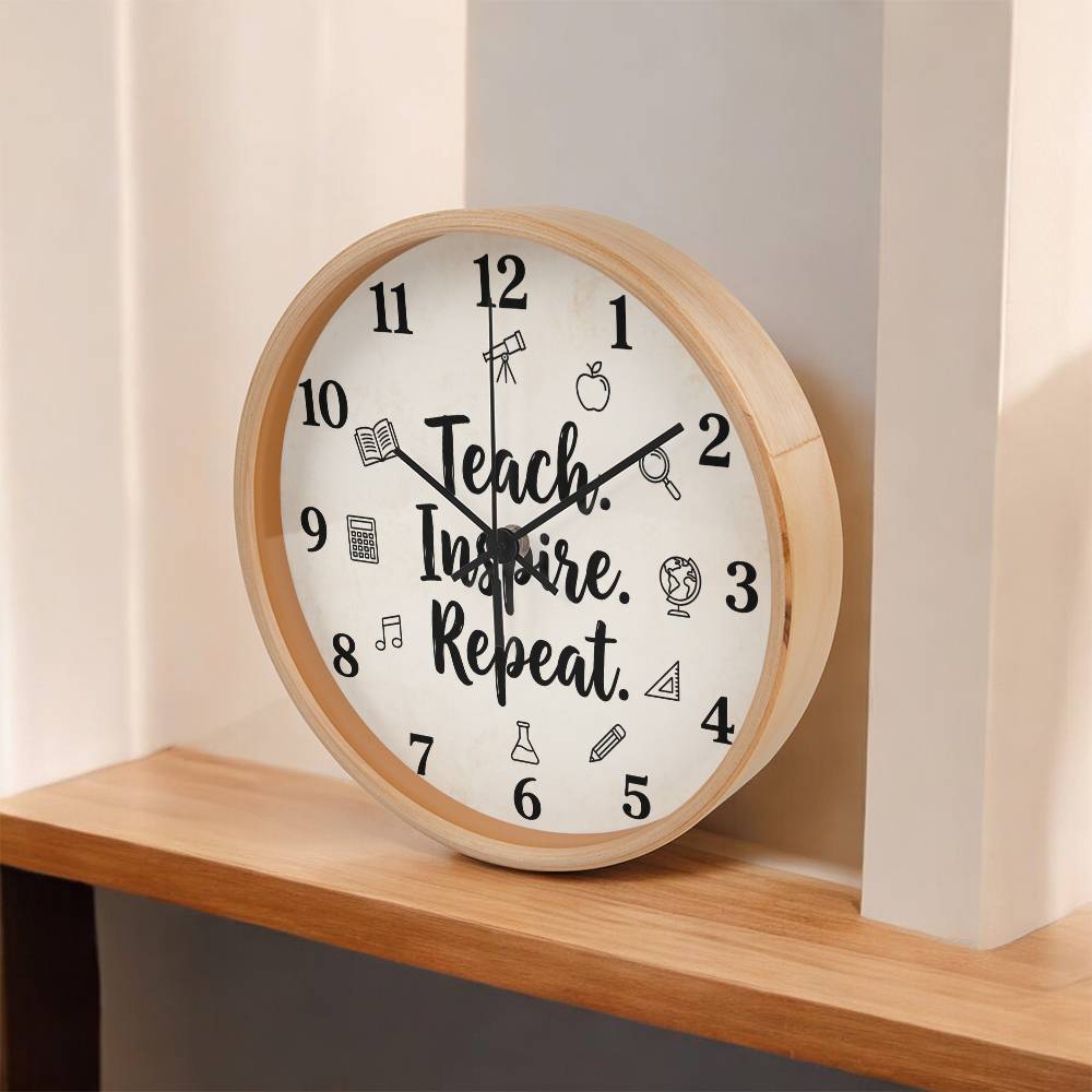Teacher Wooden Clock – "Teach. Inspire. Repeat." Icons Wall Clock