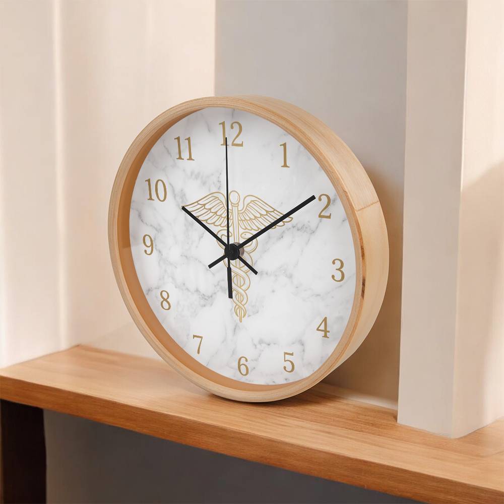Nurse Wooden Clock – Gold Caduceus Marble Wall Clock