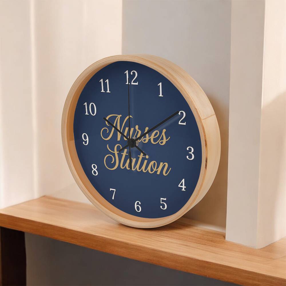 Nurse Wooden Clock – "Nurses Station" Navy Gold Wall Clock