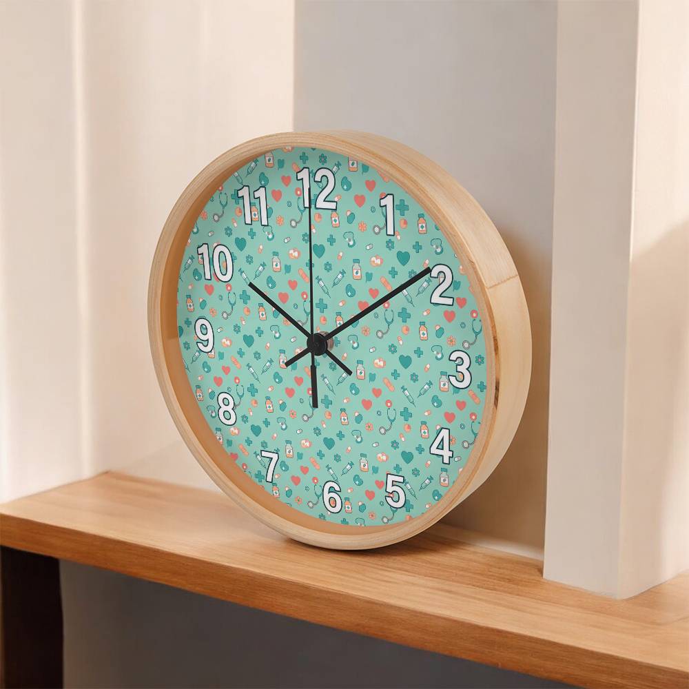Nurse Wooden Clock – Medical Icons Pattern Wall Clock