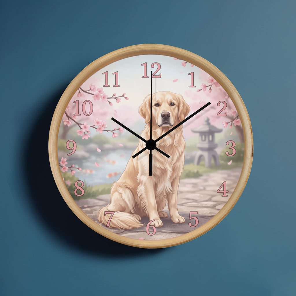 Golden Retriever Wooden Clock – "Cherry Blossom Garden" Wall Clock