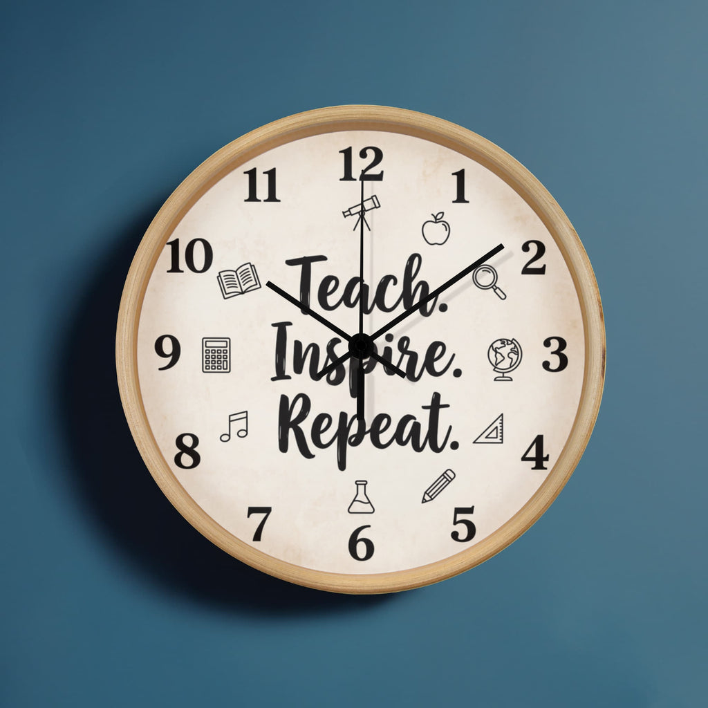 Teacher Wooden Clock – "Teach. Inspire. Repeat." Icons Wall Clock