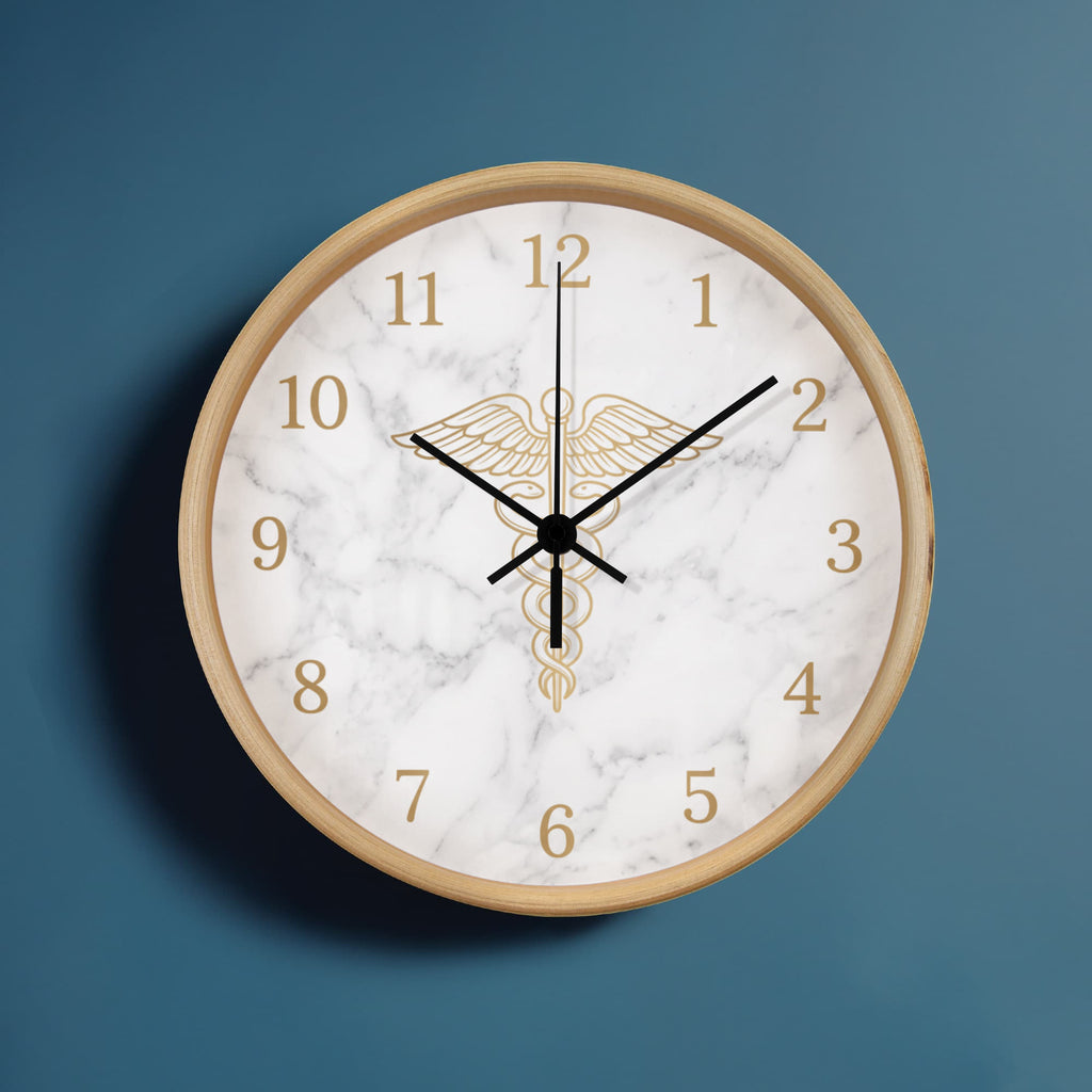 Nurse Wooden Clock – Gold Caduceus Marble Wall Clock