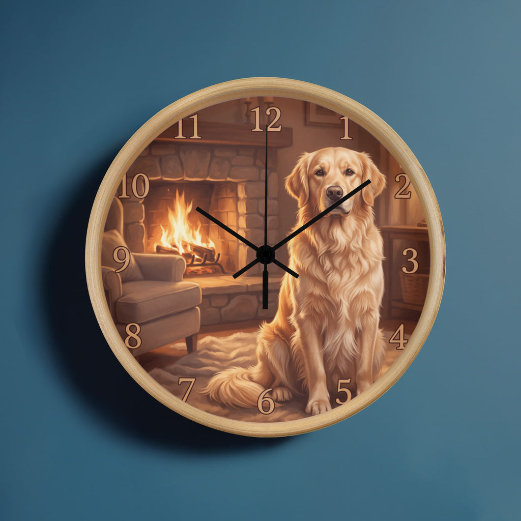 Golden Retriever Wooden Clock – "Cozy Fireside" Wall Clock