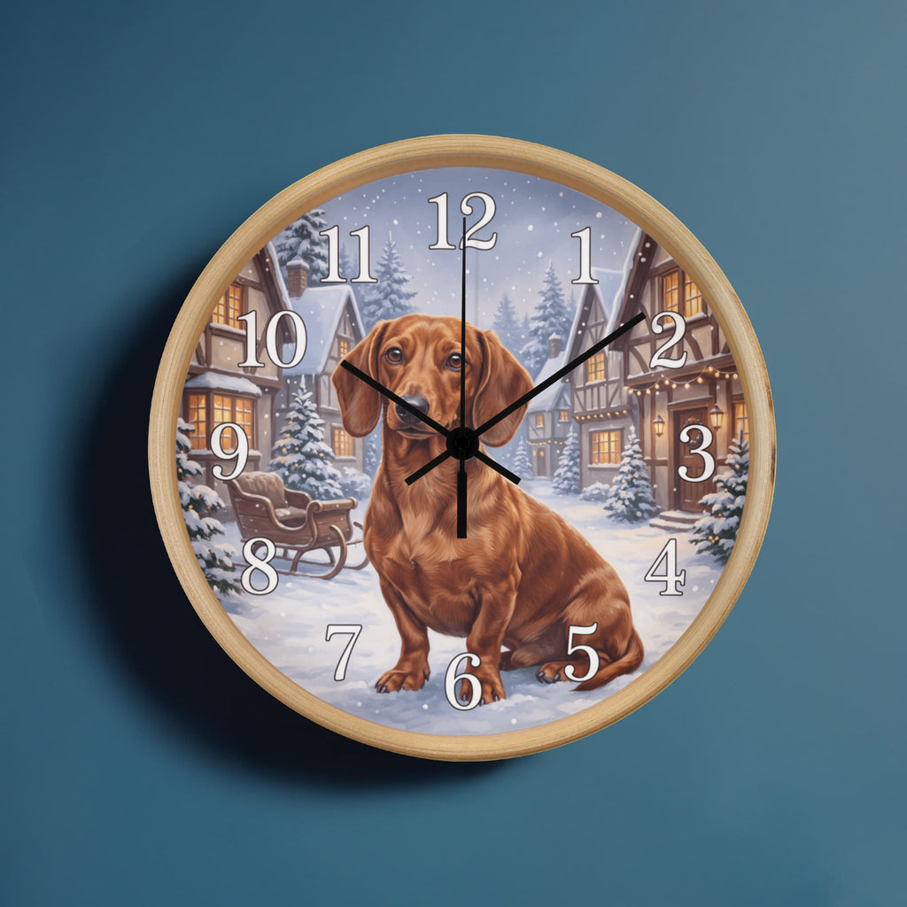 Dachshund Wooden Clock – "Snowy Village" Red Wall Clock