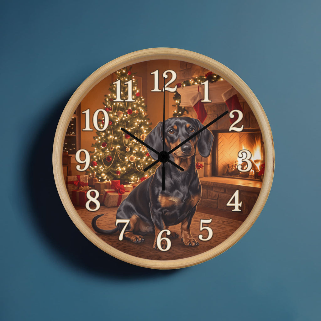Dachshund Wooden Clock – "Christmas Fireside" Red Wall Clock
