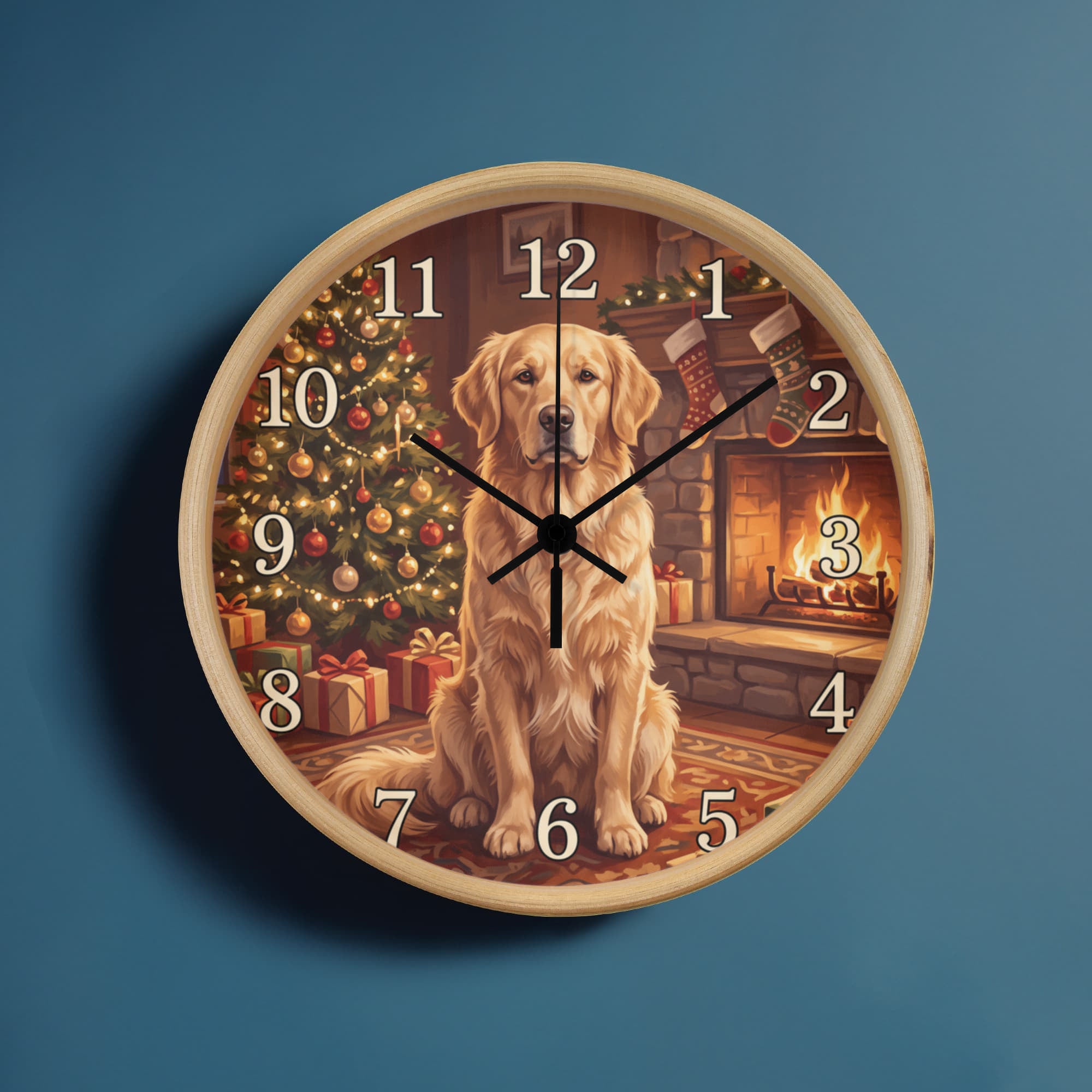 Golden Retriever Wooden Clock – "Christmas by the Fire" Wall Clock