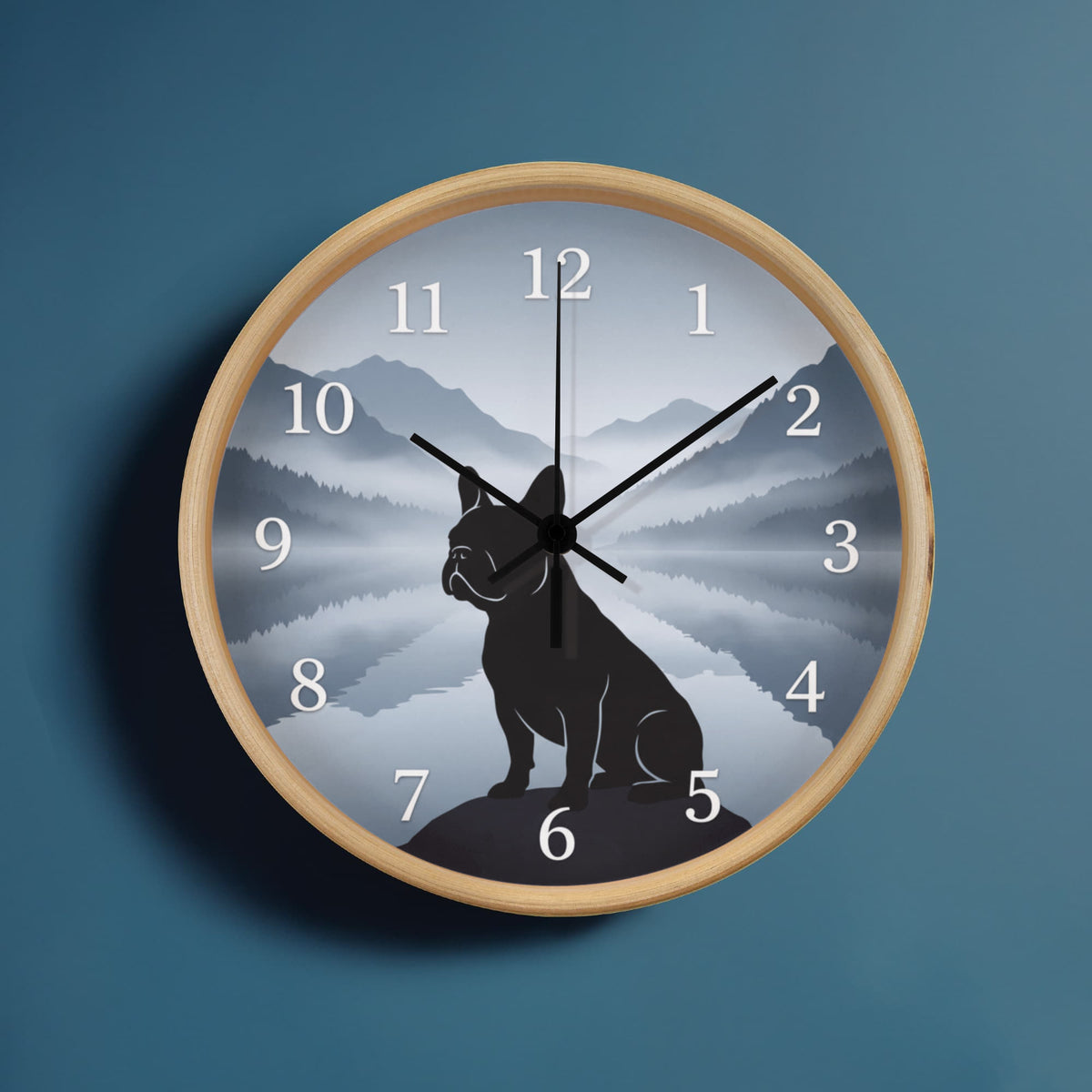 French Bulldog Wooden Clock – "Misty Mountains" Silhouette Wall Clock