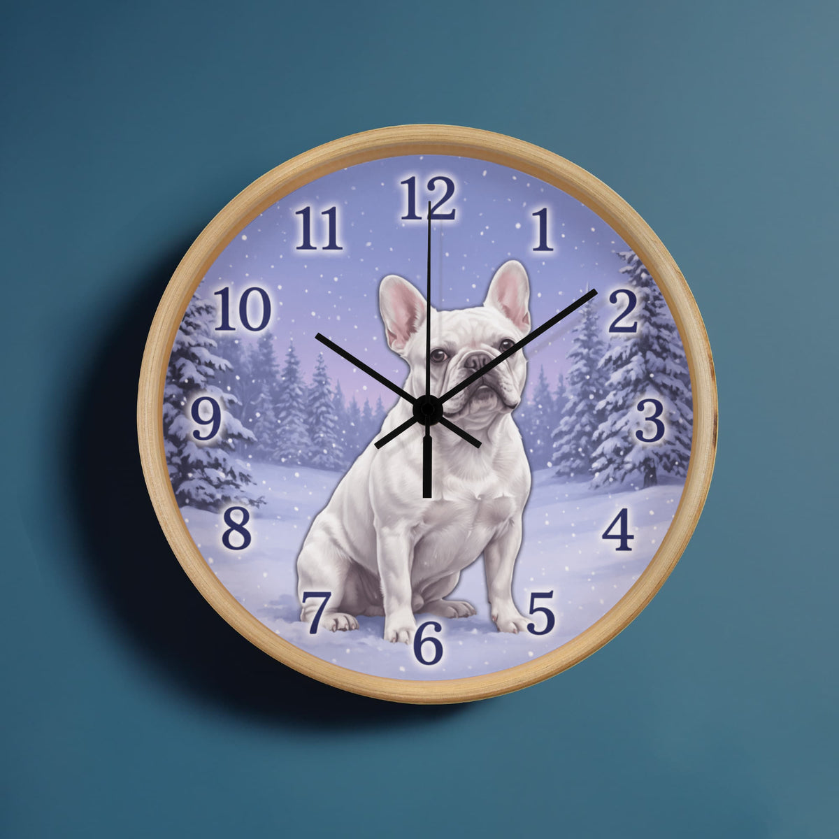 French Bulldog Wooden Clock – "Snowy Forest" White Wall Clock