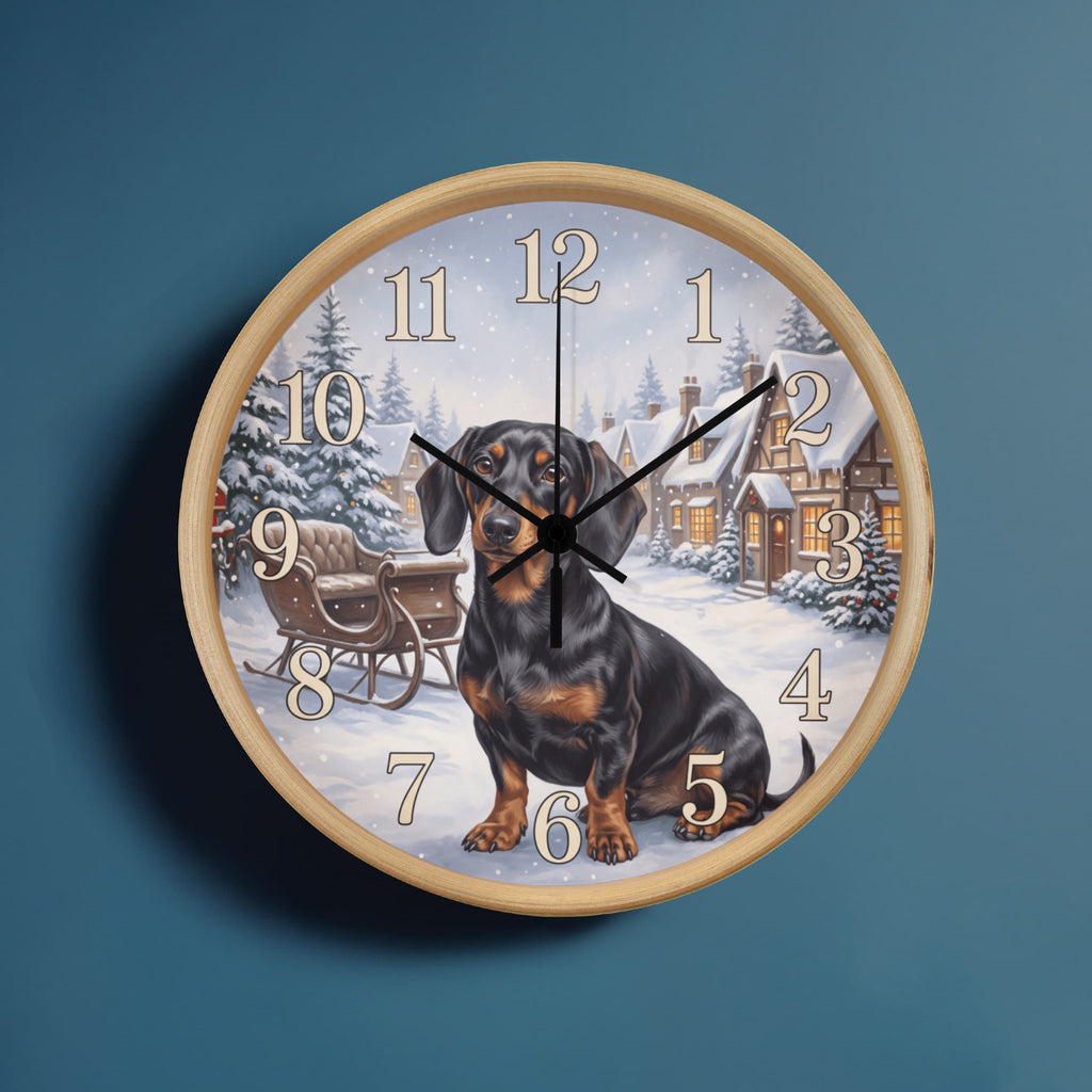 Dachshund Wooden Clock – "Snowy Village" Black & Tan Wall Clock