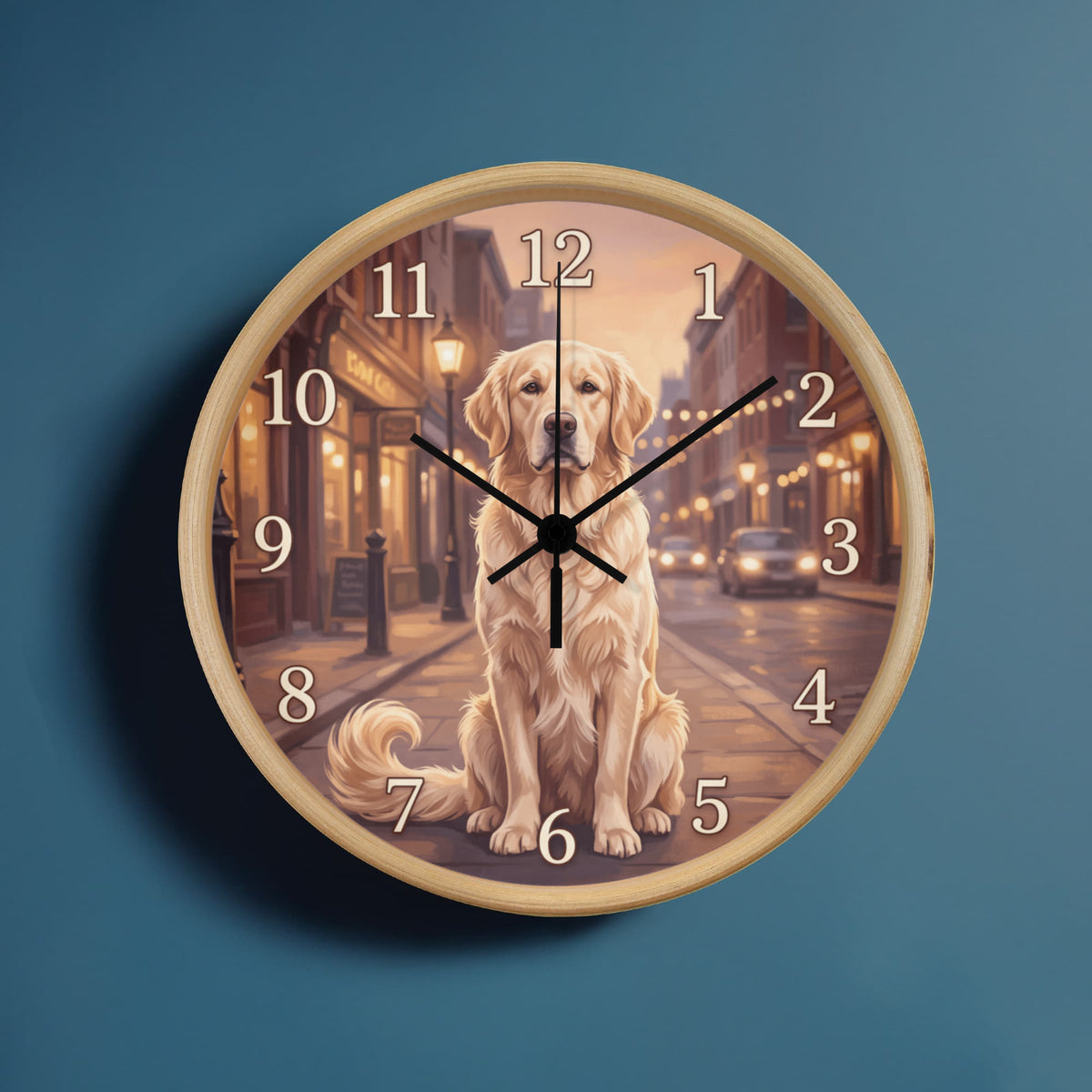 Golden Retriever Wooden Clock – "Golden Hour Street" Wall Clock