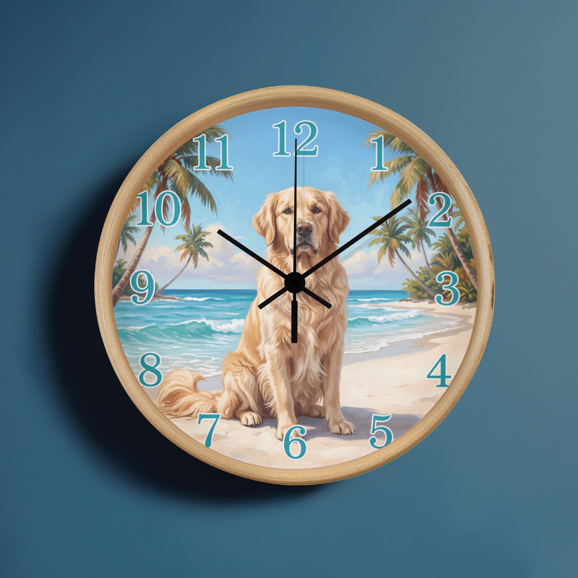 Golden Retriever Wooden Clock – "Tropical Beach" Wall Clock