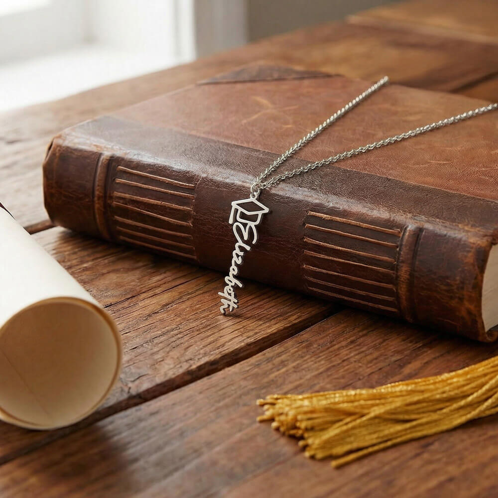 Personalized Graduation Necklace – Custom Name Pendant, Grad Cap Detail
