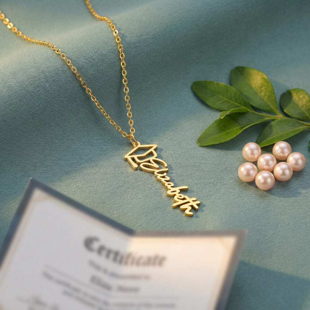 Personalized Graduation Necklace – Custom Name Pendant, Grad Cap Detail
