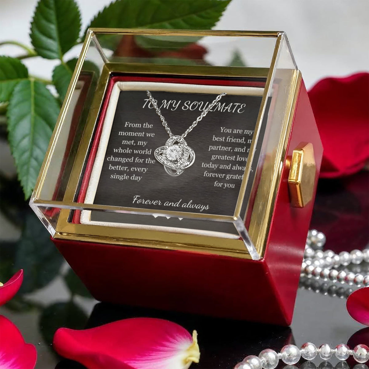 To My Soulmate Love Knot Necklace - Cubic Zirconia Pendant with Rose Gift Box