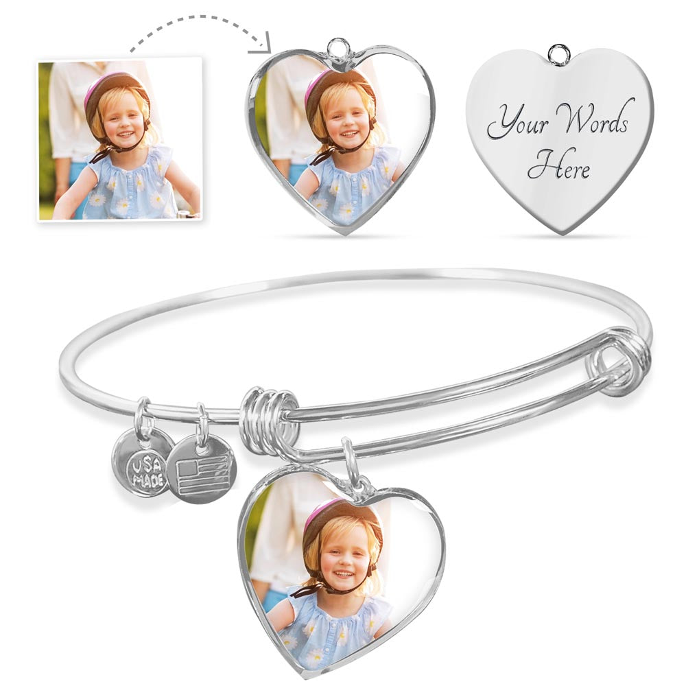 Custom photo heart bangle with upload-your-own-photo charm and engravable heart charm