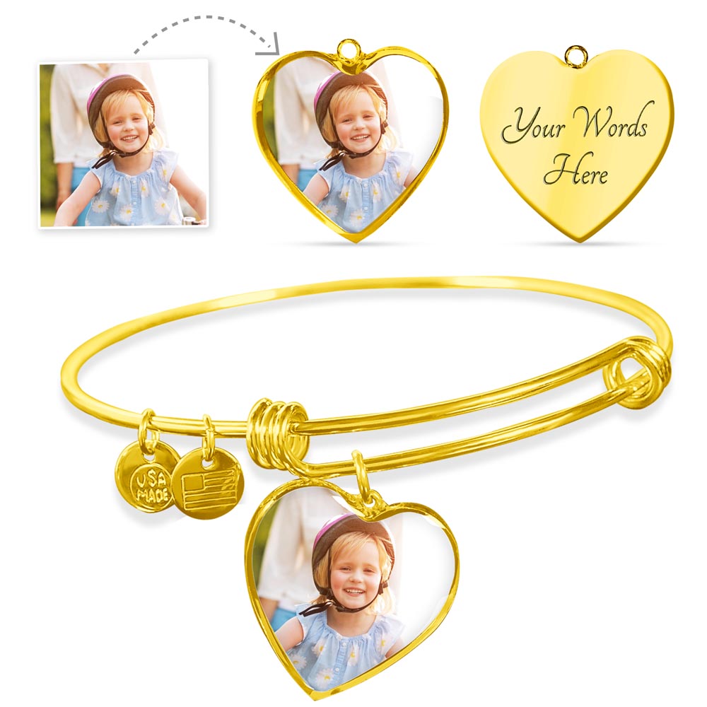 Custom Photo Heart Bangle – Upload Your Own Photo, Engraved Charm