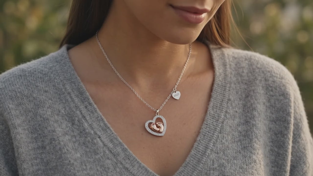Baby Feet Heart Necklace – Rose Gold & CZ Pendant